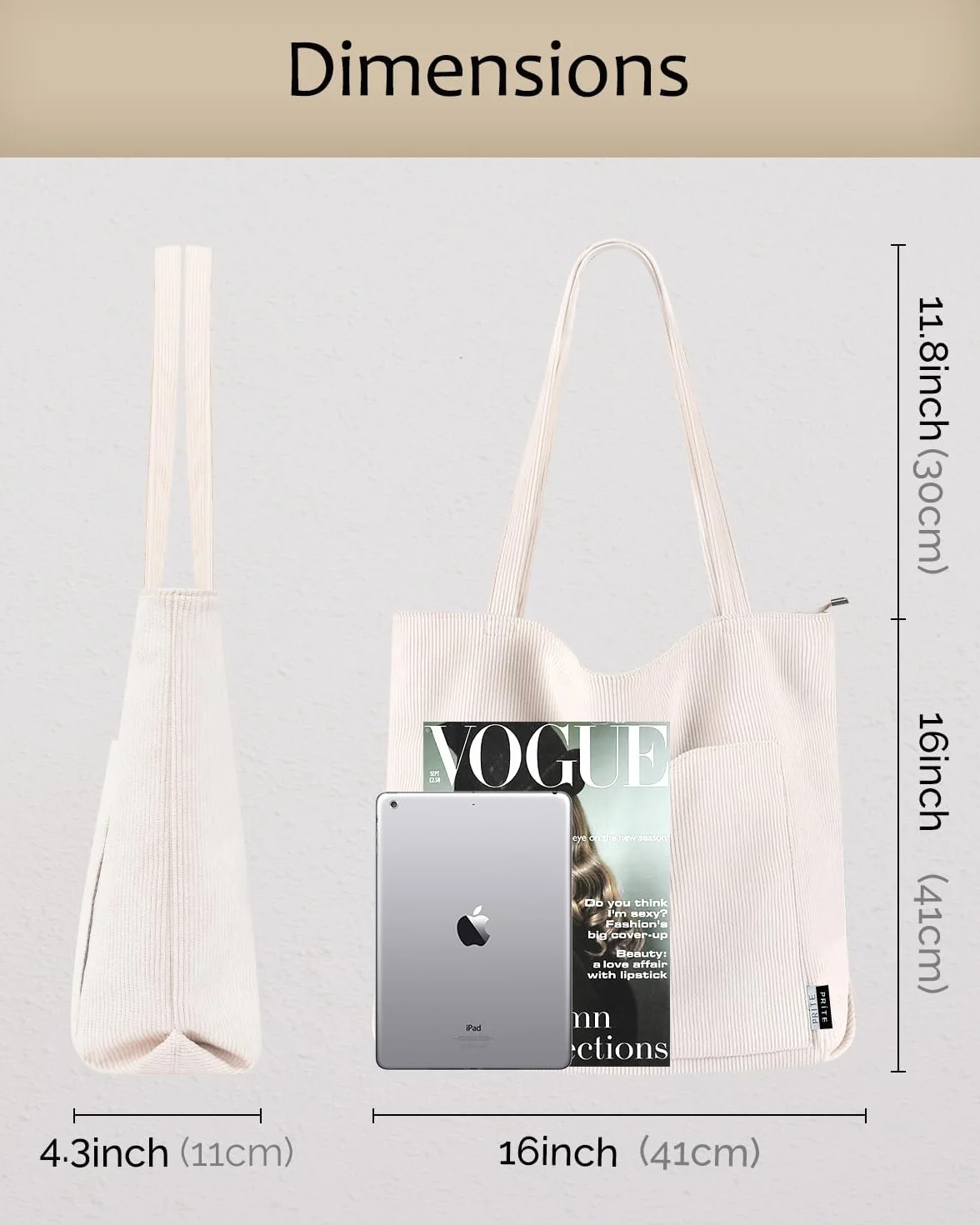 Sac en Velours Côtelé Bandoulière Cabas Femme Homme avec Fermeture Éclair