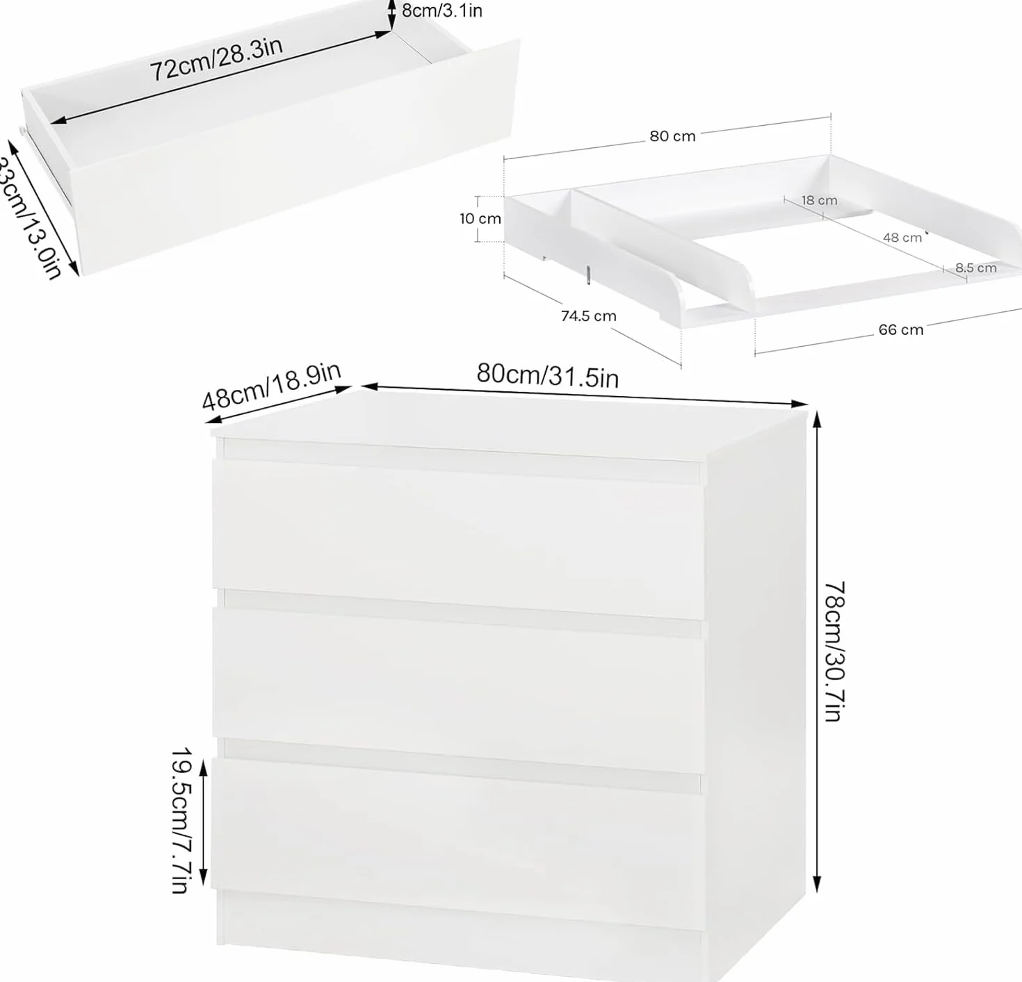 WOLTU Table à Langer Commode 3 Tiroirs Meuble Bébé Bois d'Ingénierie Blanc Brillant 40x80x78cm