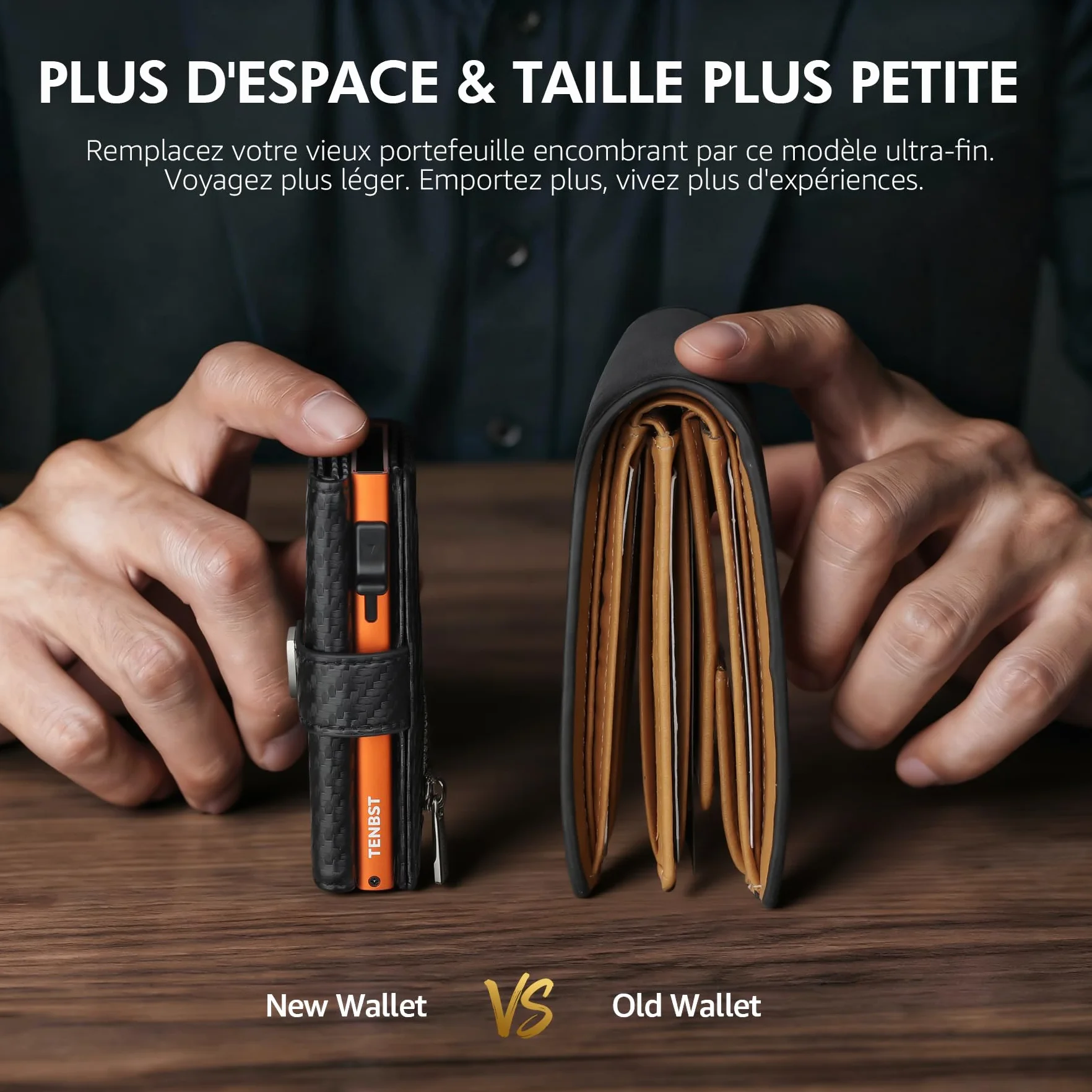 TENBST Portefeuille Homme Ultra Fin RFID Protection 10 Cartes Crédit Noir Orange