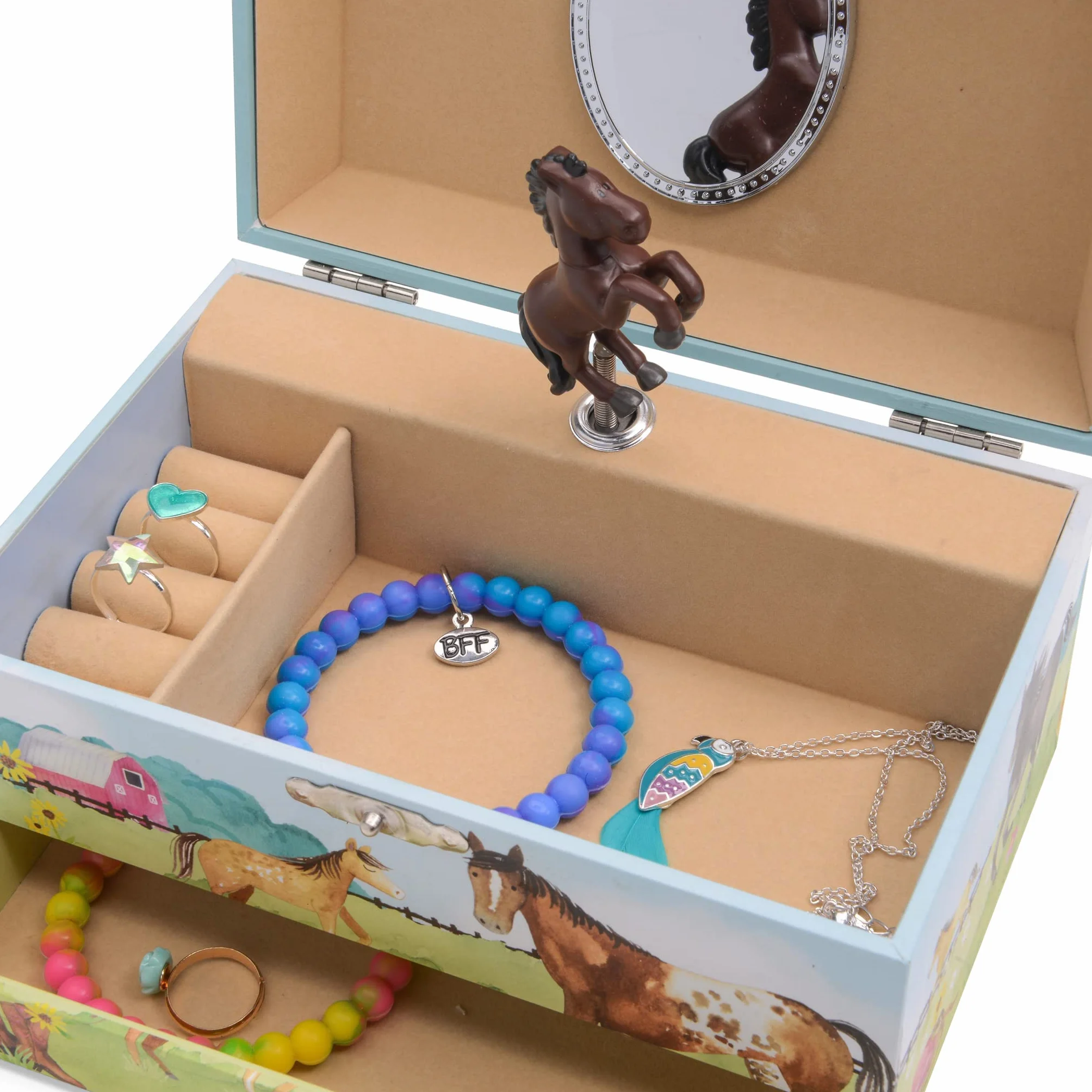 Jewelkeeper Boîte à Musique Cheval à l'Écurie & Parure assortie pour filles - 3 Cadeaux