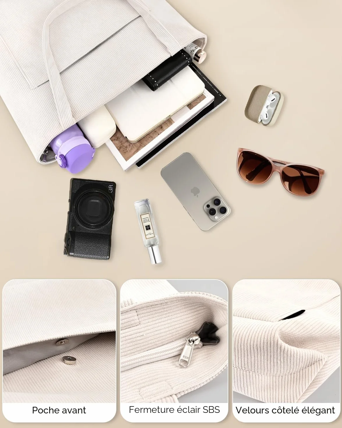 Sac en Velours Côtelé Bandoulière Cabas Femme Homme avec Fermeture Éclair