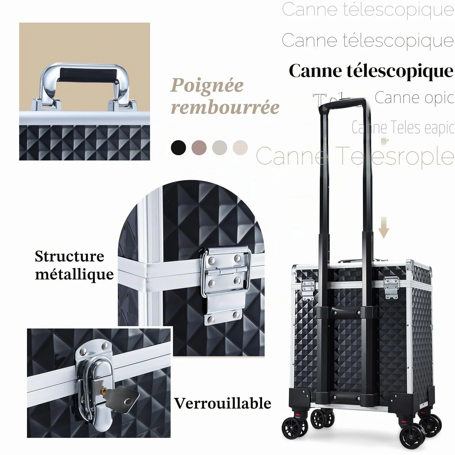 Valise Maquillage Professionnelle avec Roulettes et Casiers, Noir