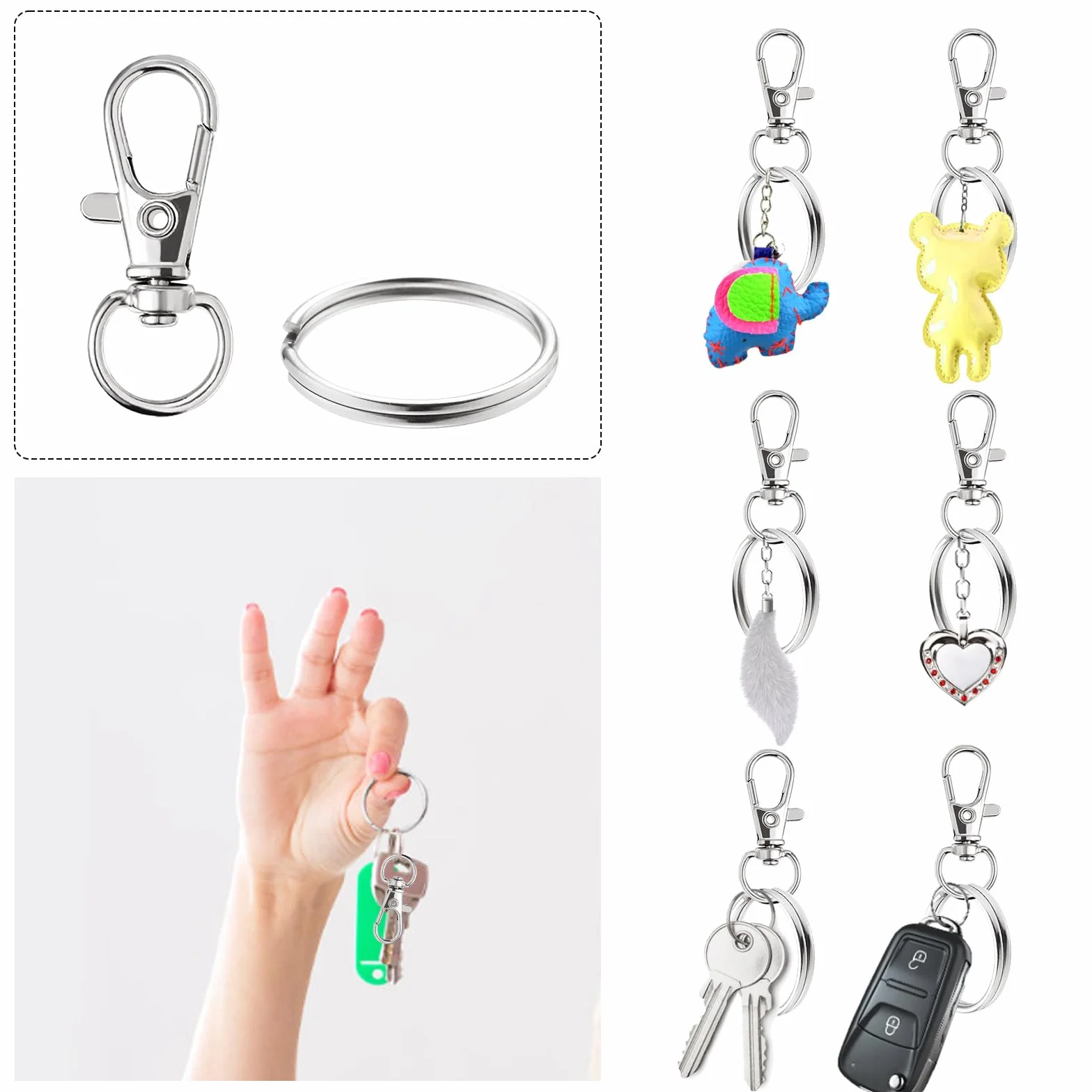 Mousqueton Anneau Porte Clef Métal 200 Pièces Pivotant Keychain Argent