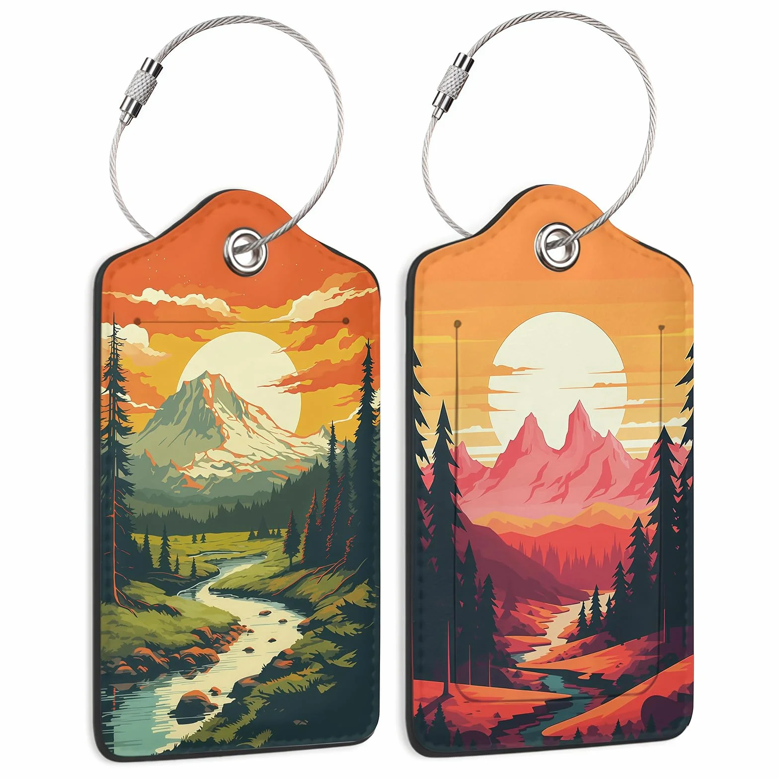 Étiquettes de Bagage Vintage Montagne en Cuir avec Protection de Confidentialité et Œillet en Acier, 2 Pièces