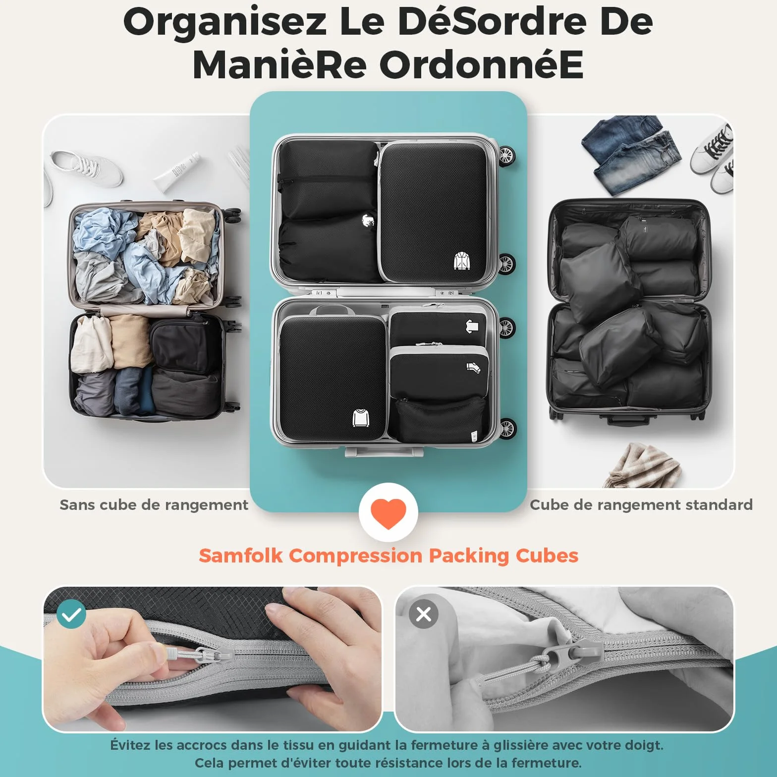 Packing Cubes Compression 8 pièces Organisateur Valise Rangement Voyage Sac à Dos