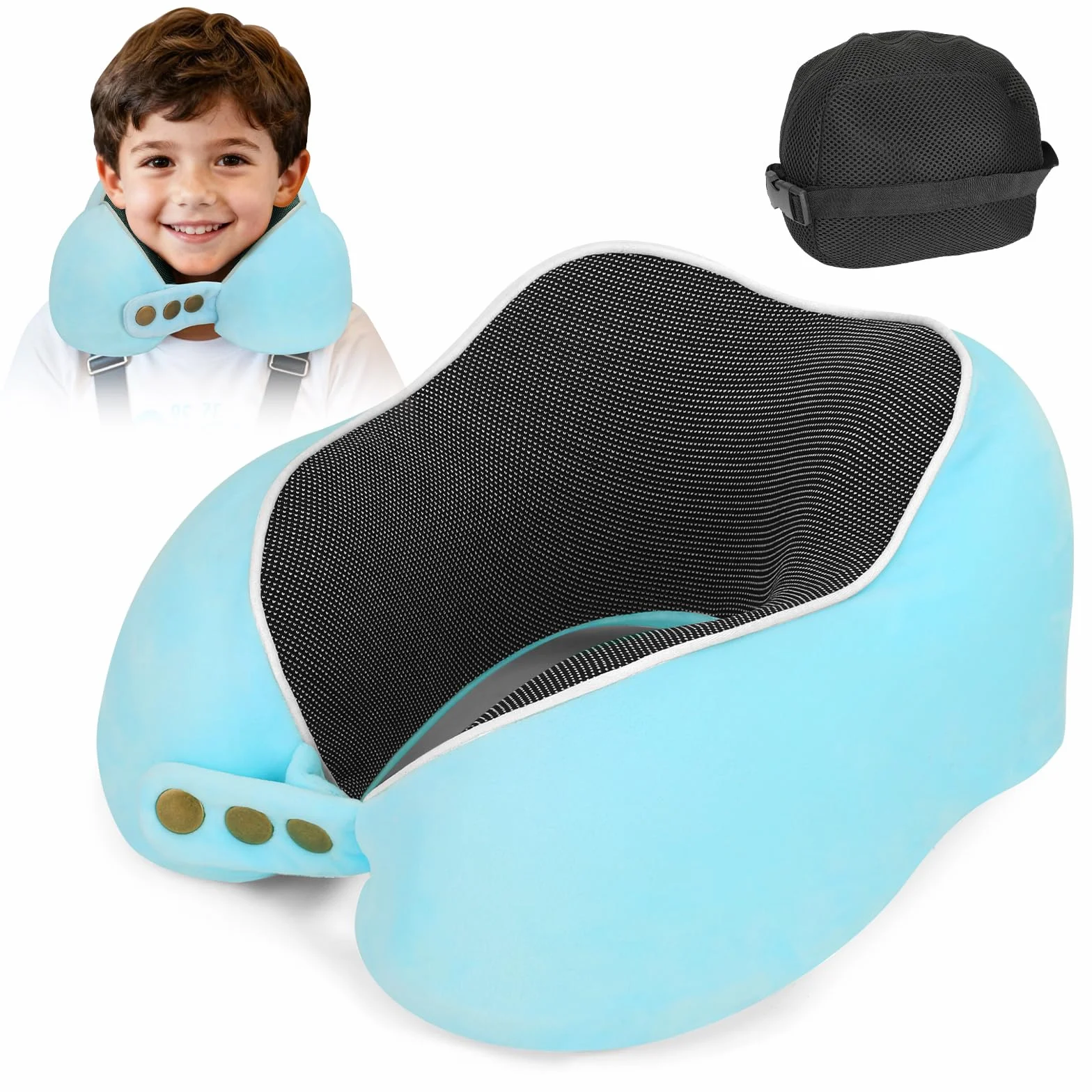 Coussin de Voyage Enfant Adulte Mousse à Mémoire 220 g Soutien 360° Réglable Pliable Avion Train Voiture Bleu