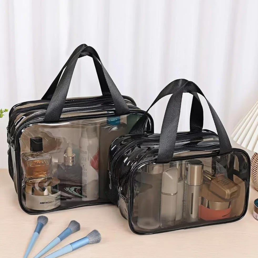 Aucuu Trousse de Toilette Voyage PVC Grande Capacité Double Couche Transparente avec Poignée Sac Cosmétiques
