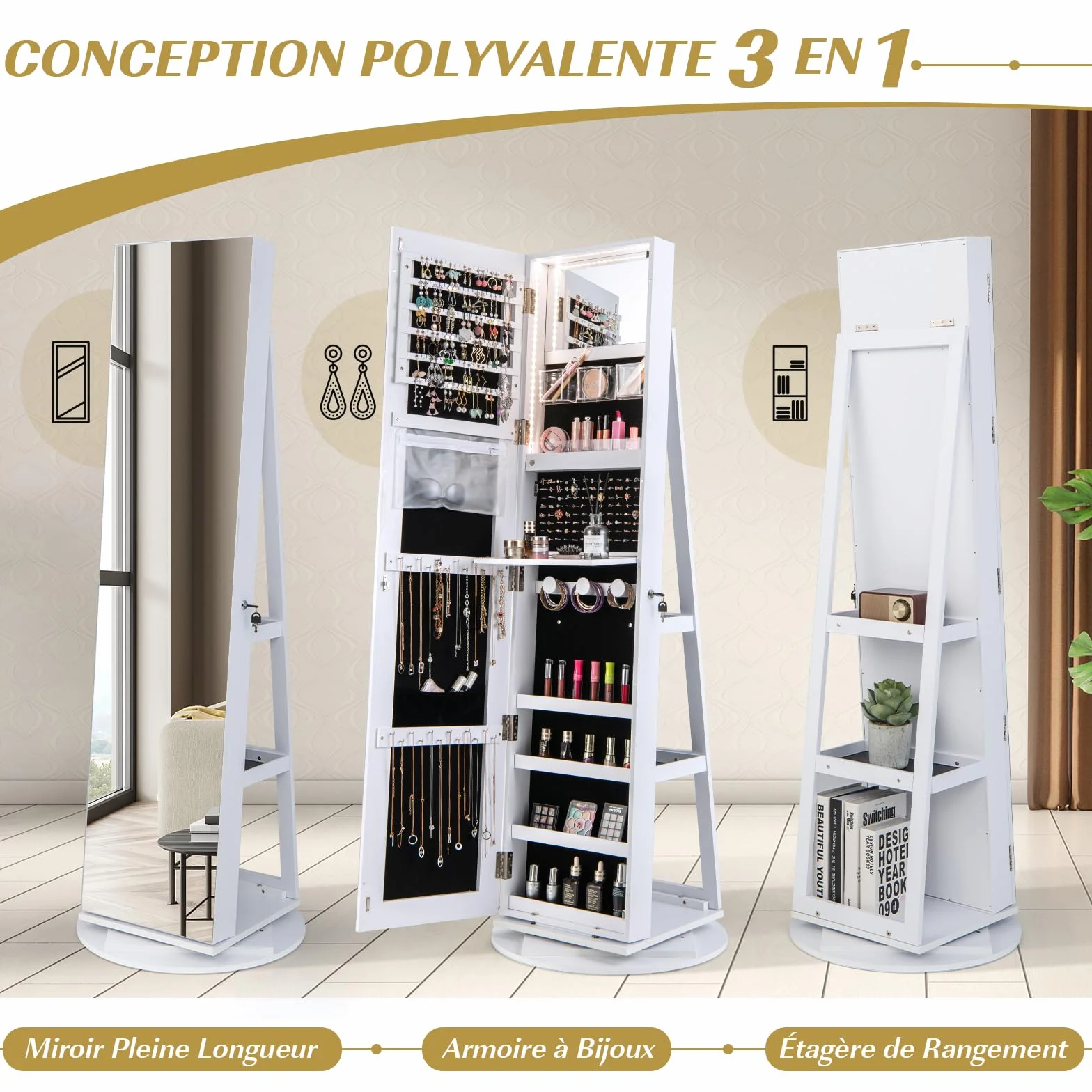 GOPLUS Armoire à Bijoux avec Miroir sur Pied, Rotative 360° Lumière LED 3 Couleurs, Verrouillable, Blanc
