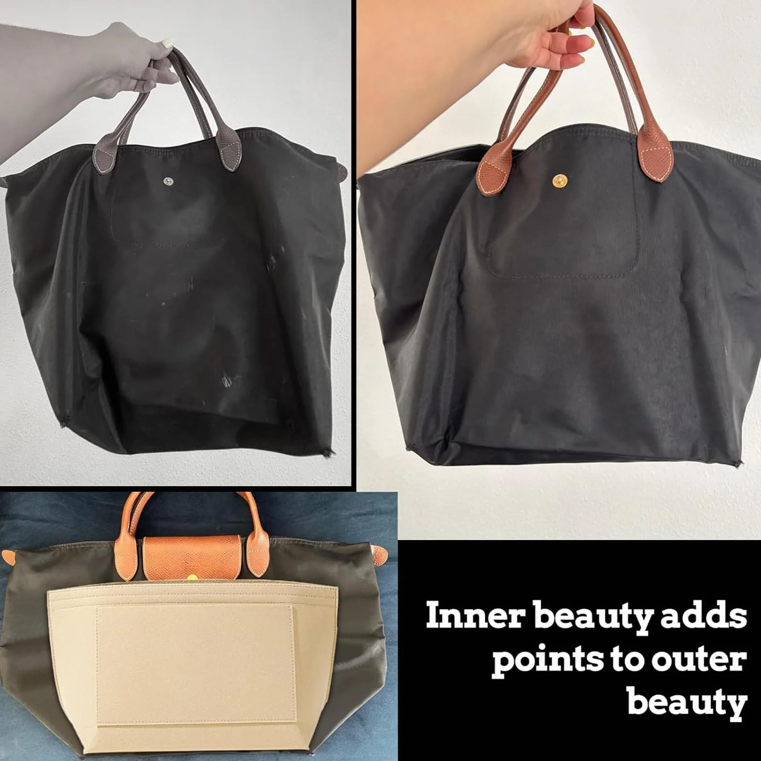 Organiseur de Sac Longchamp Le Pliage L – Insert en Feutre avec Poches