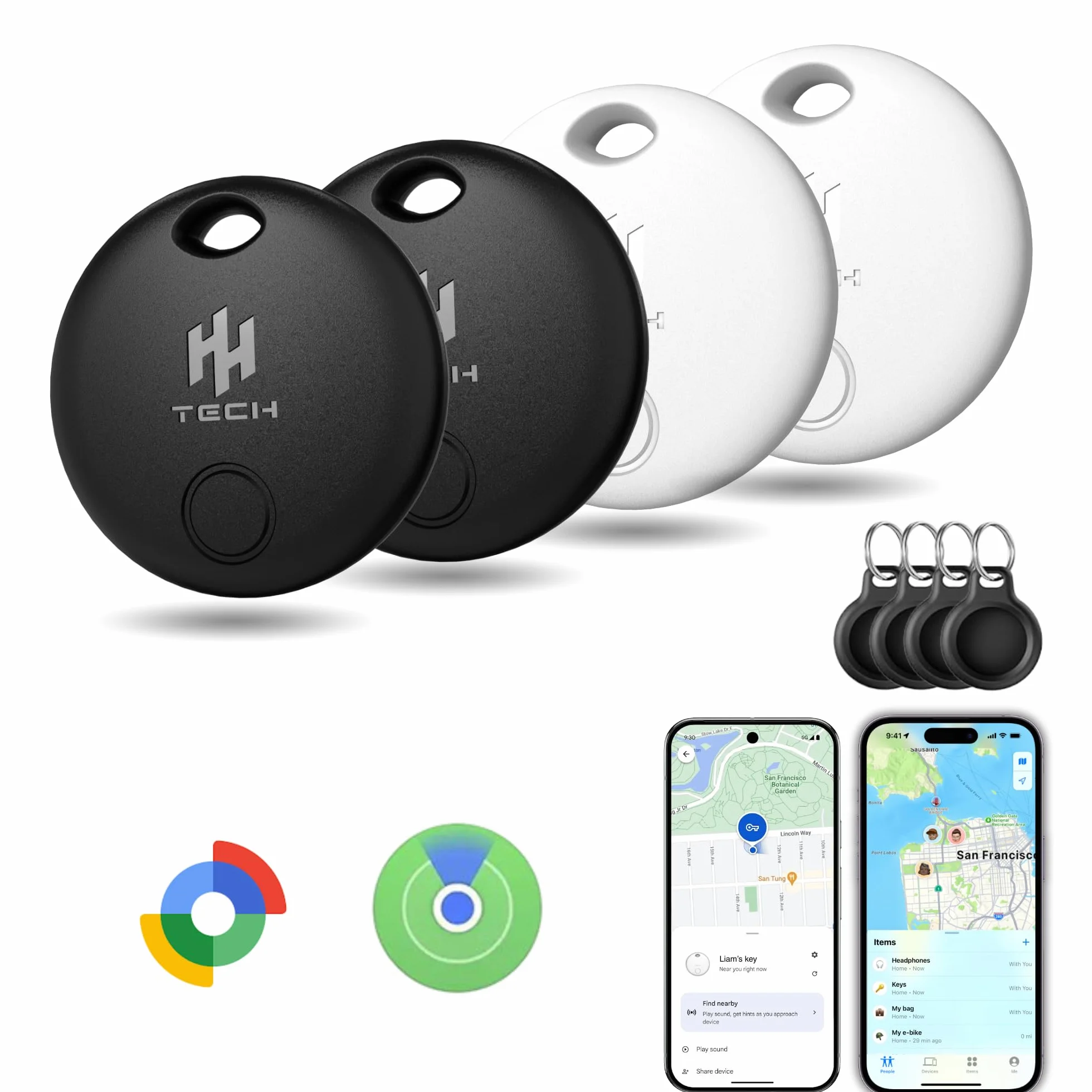 HH-Tech Lot de 4 étiquettes de suivi intelligent double système pour Apple Android, batterie remplaçable