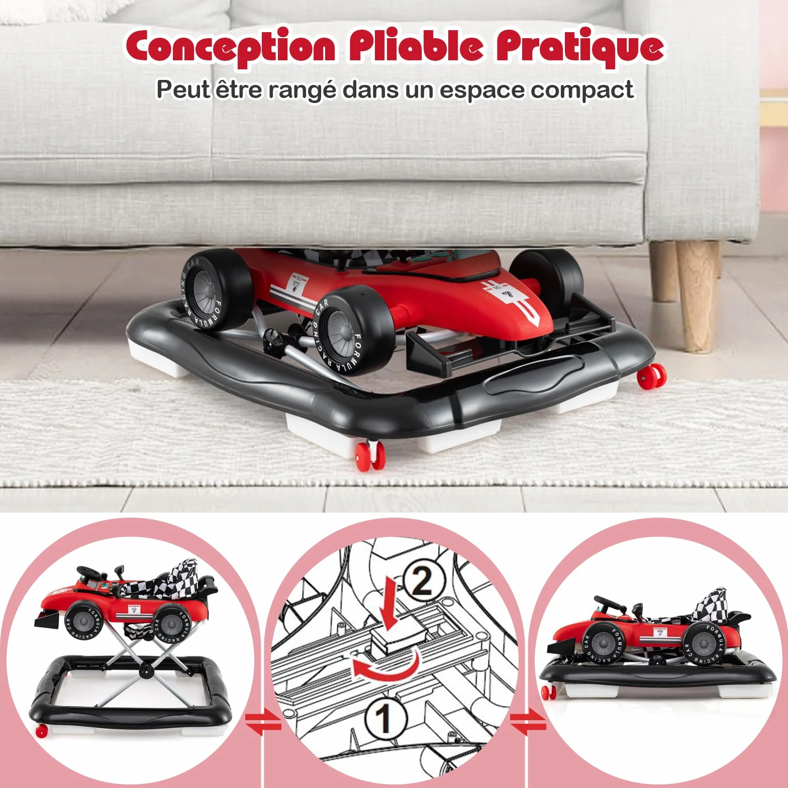 GOPLUS Trotteur Bébé 4 en 1 Pliable avec 3 Hauteurs Réglables, Musique, Lumières, Charge 12 KG 6-12 Mois Rouge