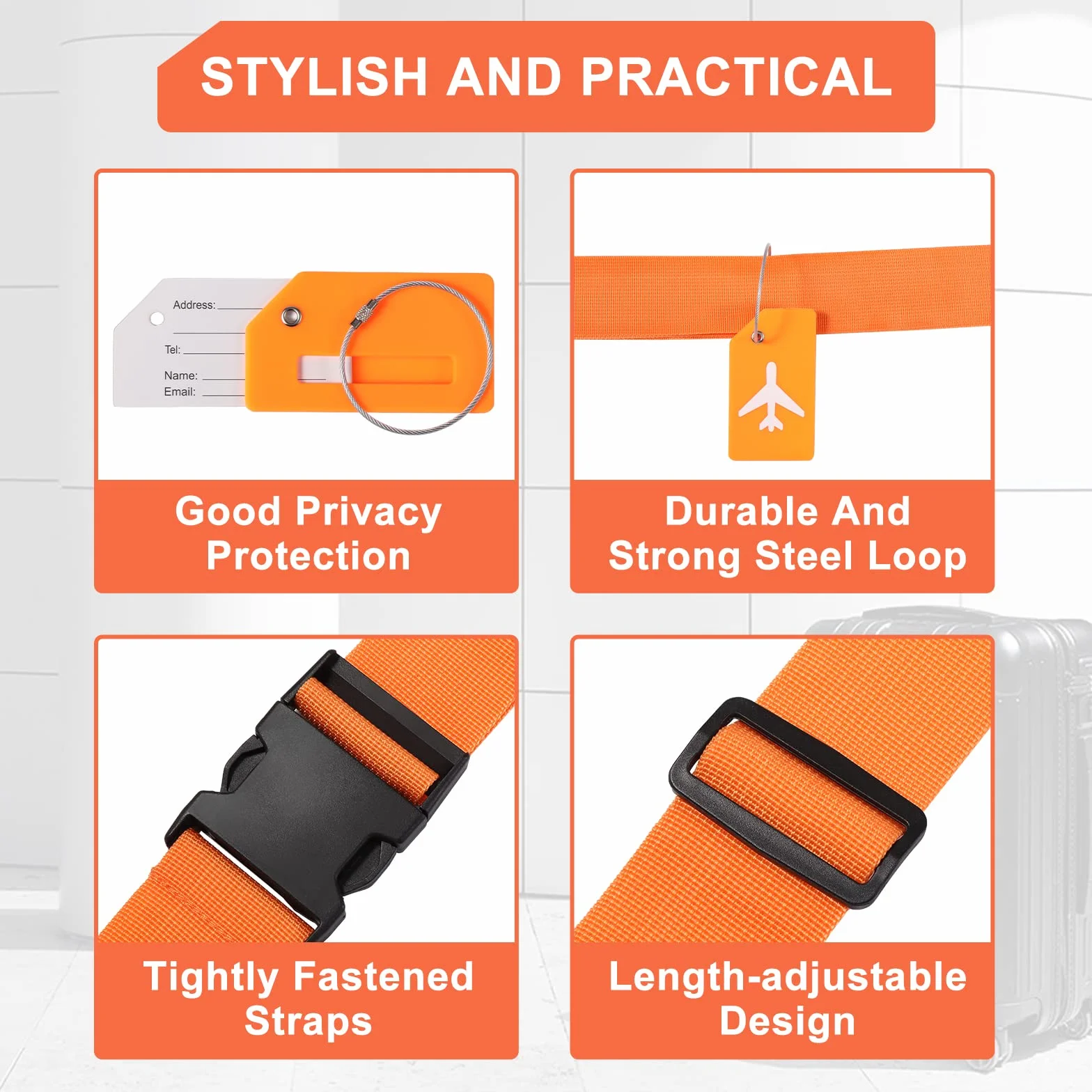 Vinabo 4pcs Sangles de Bagage Réglables avec Boucle, Ceinture Valise, étiquettes de Bagage avec étiquette Nominative et d'adresse pour Voyager en Avion