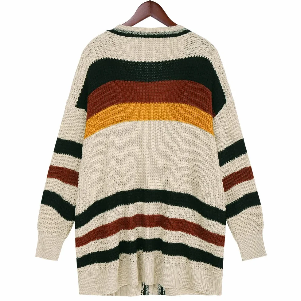 Gilet Femme Vintage Beige Col V Rayé avec Poche Mi-Long Manteau Tricoté Doux Chaud Automne Hiver Veste en Tricot Manches Longues Pull Ouvert