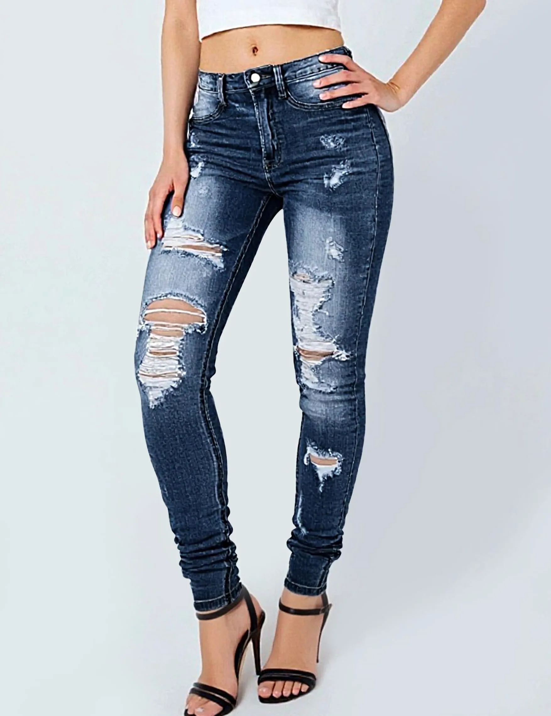 Fengbay Jean Skinny Femme, Taille Haute Extensible Mode Slim Pantalon Stretch Jeans Déchirés Slim Fit Denim Pants