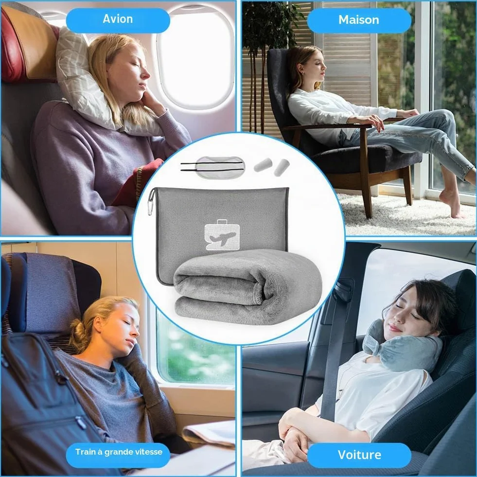 flintronic Couverture de Voyage Avion 2 en 1 Oreiller et Couverture Doux Chaud avec Masque de Sommeil Bouchons d'oreille Pince Sac à Dos Gris