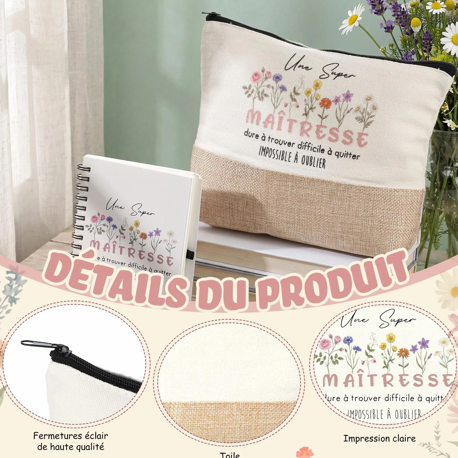 BBTO Trousse de Maquillage Porte-Clés Stylo à Bille Carnet Carte Cadeau pour Maîtresse Maternelle Enseignante Professeur Aesh
