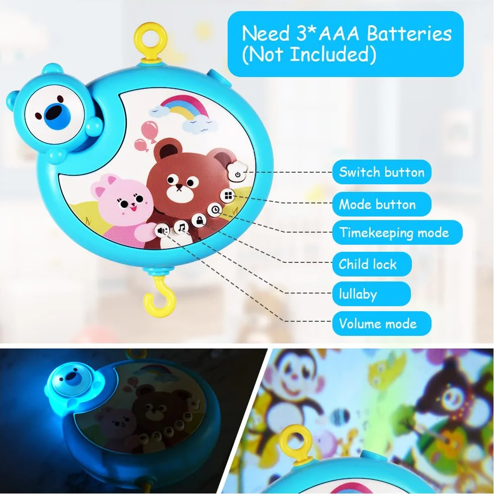 Aolso Mobile Musical Bébé 3-en-1 avec Lumières et Musique, Projecteur pour Lit et Poussette, Cadeau Nouveau-Né