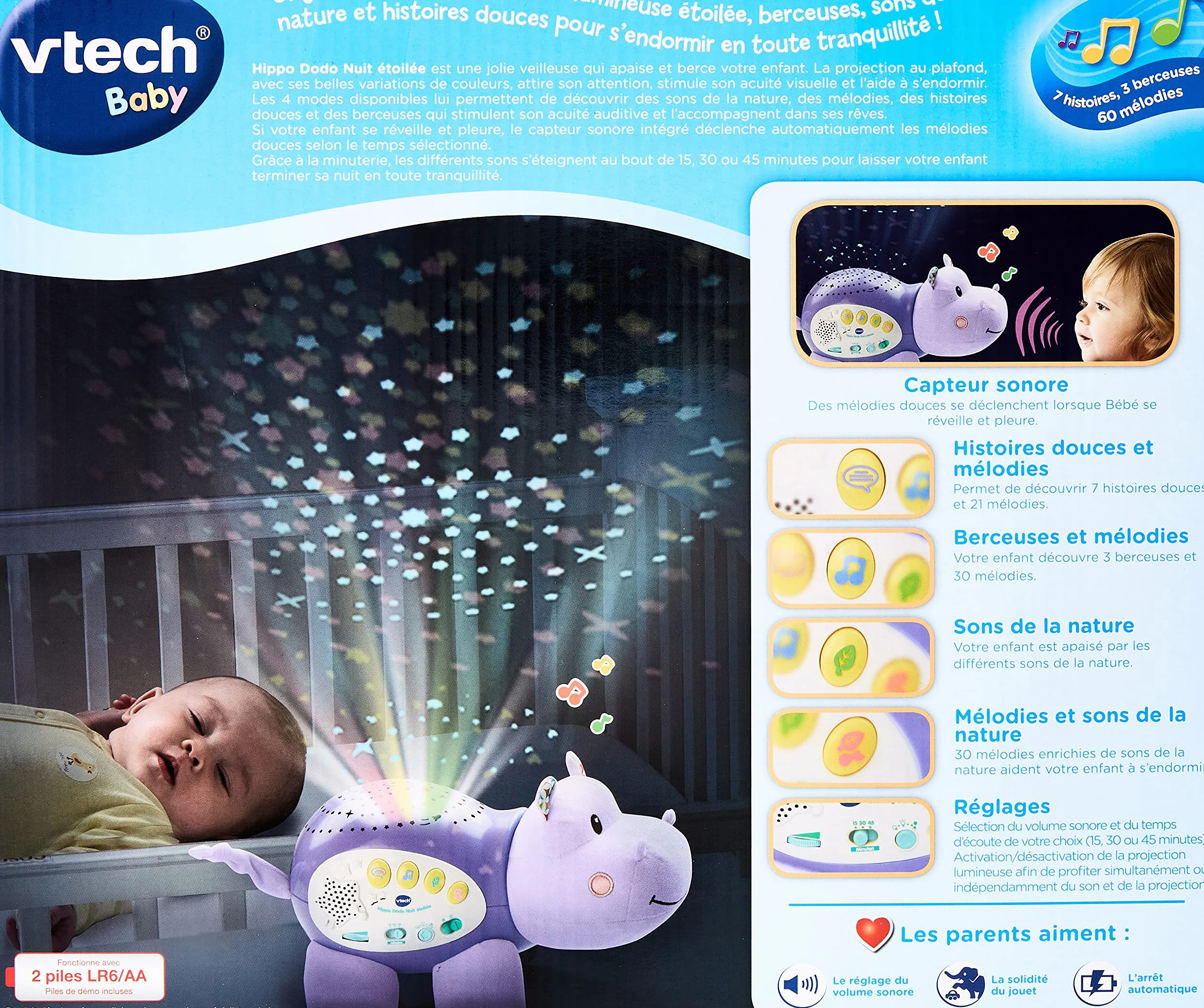 VTech Hippo Dodo Nuit Étoilée Veilleuse Bébé Musicale Projection Lumineuse au Plafond Cadeau de Naissance