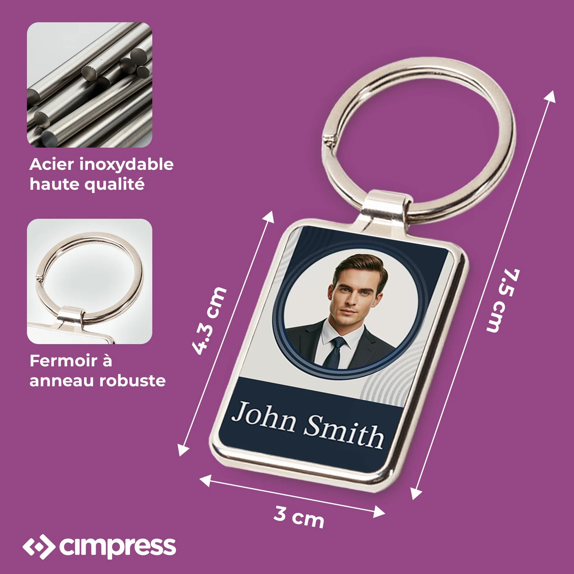 Porte-clé personnalisé en acier inoxydable 7,5 × 3 cm avec photo ou texte, impression couleur