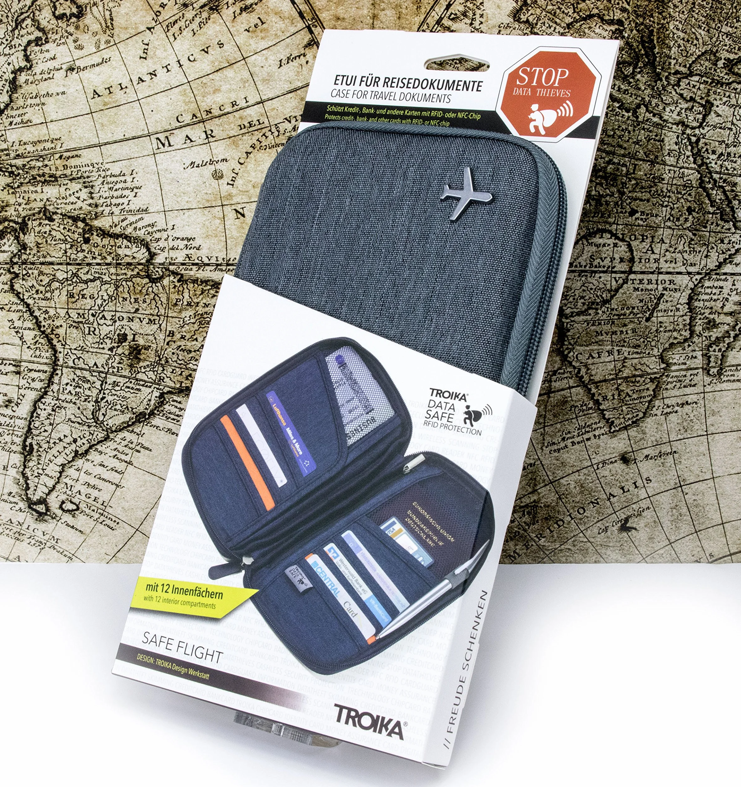 Troika Safe Flight TRV20/DB Étui pour Documents de Voyage avec Protection RFID 12 Compartiments Polyester Bleu