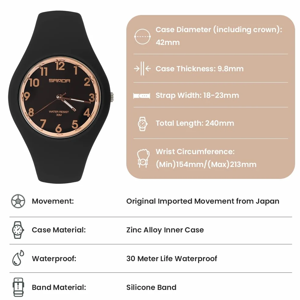 Montre pour Femme avec Bracelet en Silicone, Montre de Sport Analogique Etanche, Grand Cadran Facile à Lire