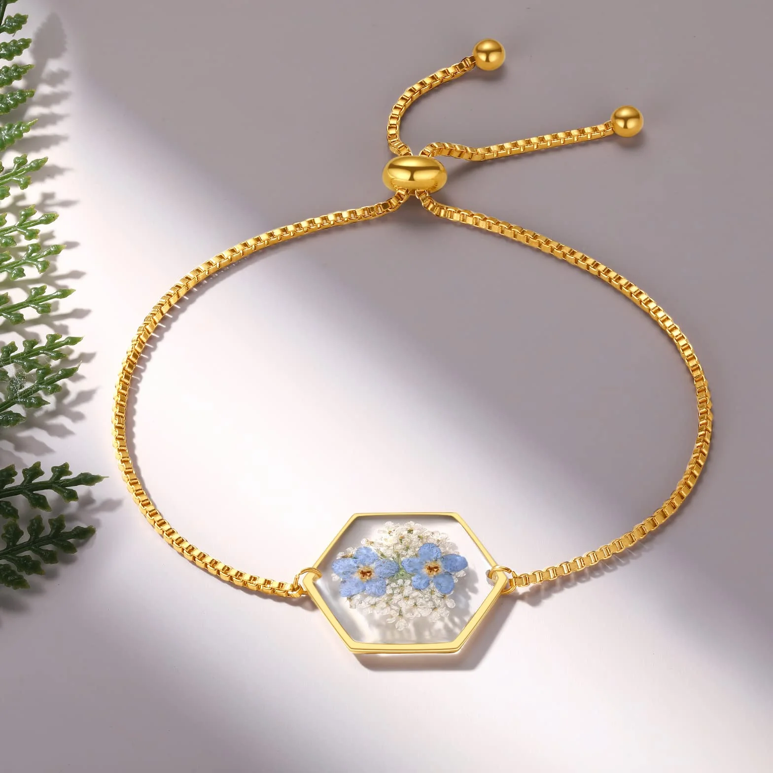 Bracelet Myosotis Queen Anne fleurs sauvages pressées dentelle