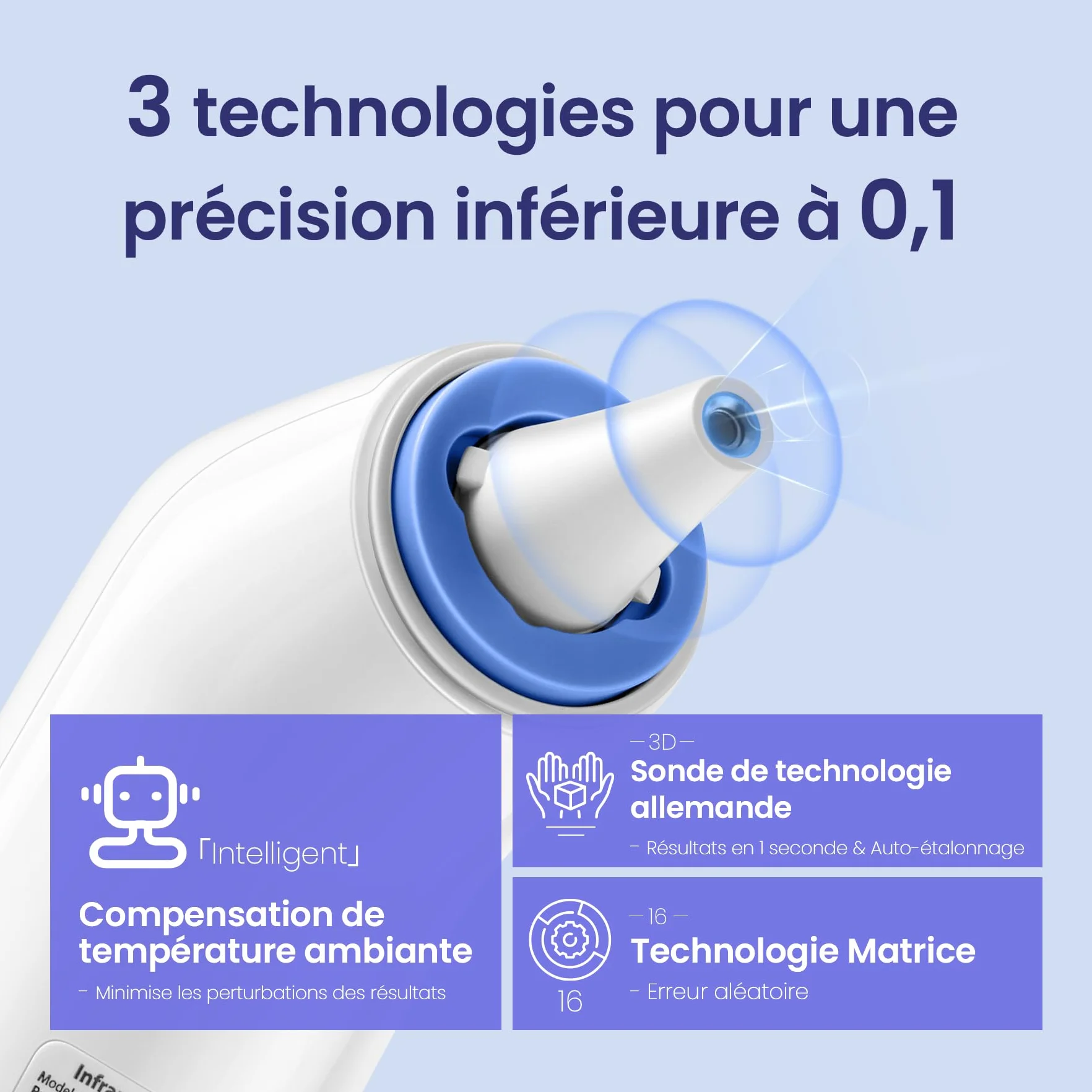 Thermomètre Auriculaire Haute Précision pour bébé, Mesure rapide 1 seconde, Indicateur sonore fièvre, 21 Embouts, Blanc