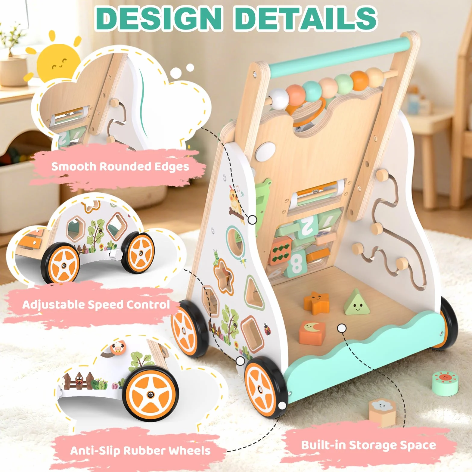 Trotteur en bois Montessori 12+ mois avec centre d'activités, labyrinthe à perles, trieur de formes, xylophone et jeu de pêche