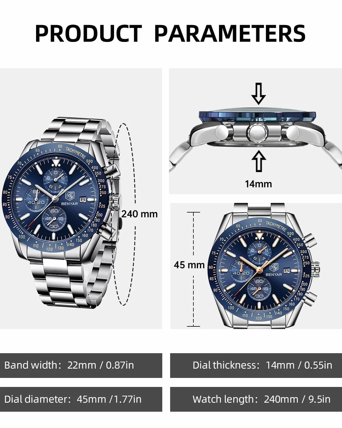 BENYAR Montre Homme Chronographe Analogique Quartz Etanche Date Grand Cadran Classique