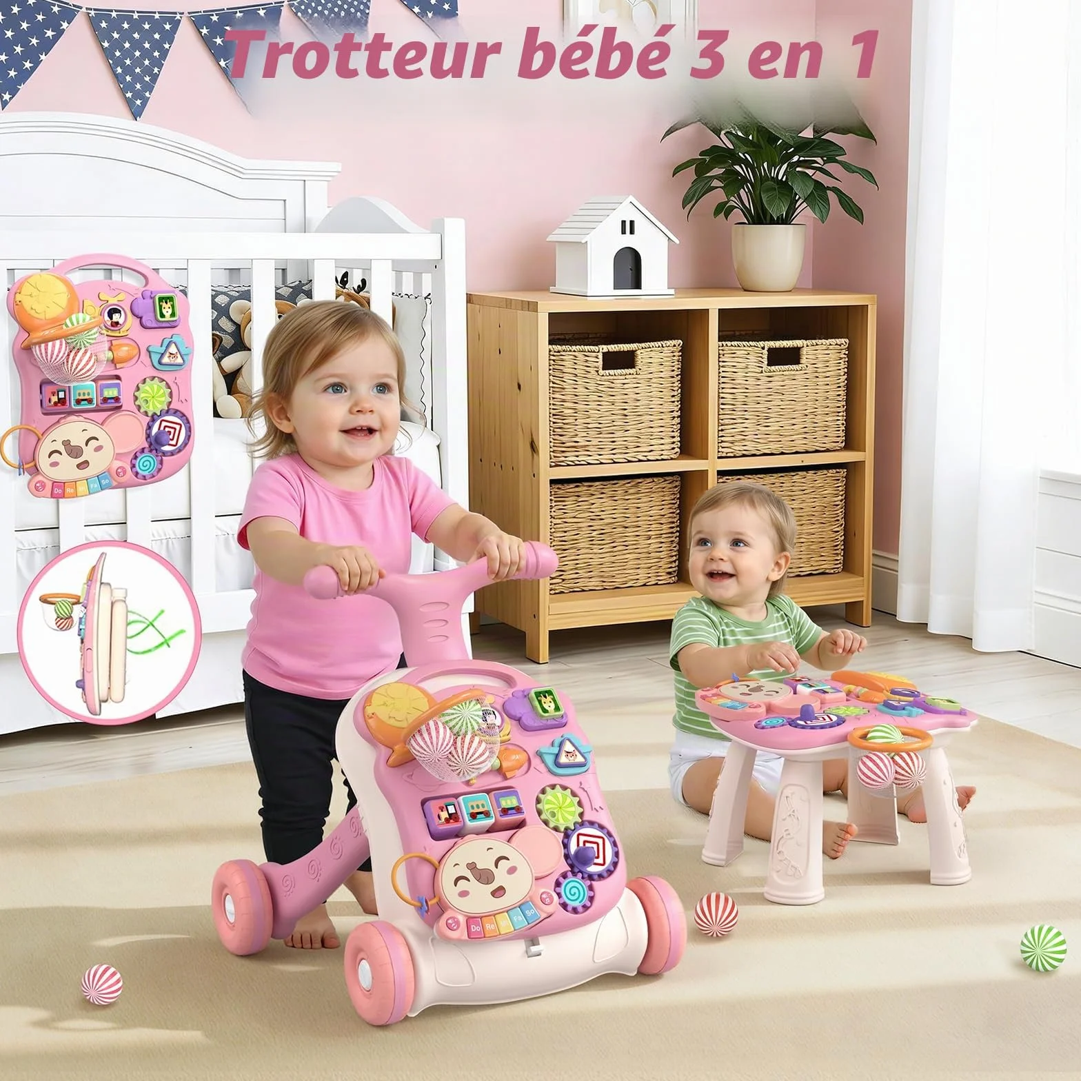 Trotteur Bébé Enfants 3 en 1 Chariot de Marche Détachable avec Vitesse Réglable et Table Activité d'Éveil pour 6-36 Mois
