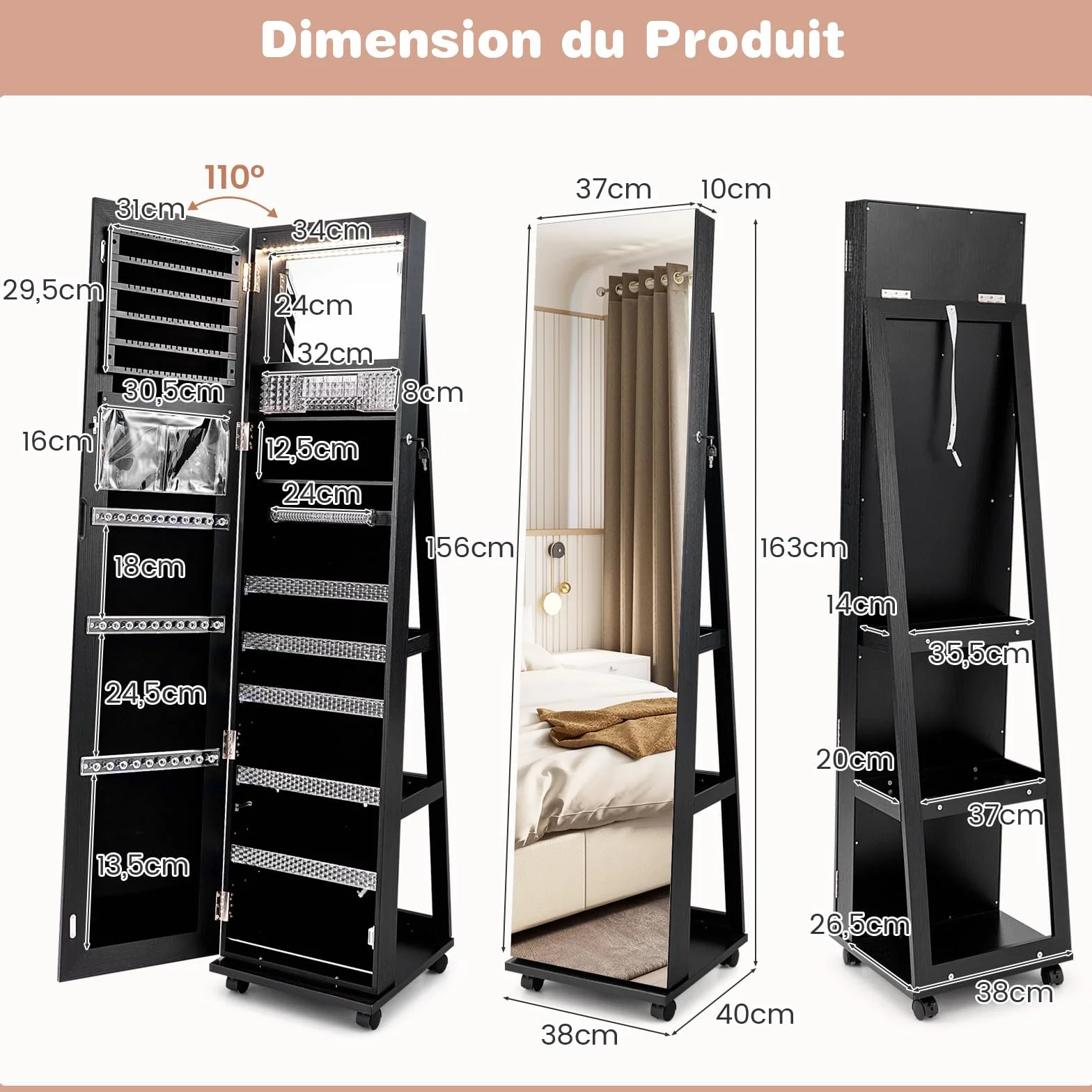 COSTWAY 3 en 1 Armoire à Bijoux sur Roulettes avec Miroir Psyché et Lumières LED, Verrouillable, Noir