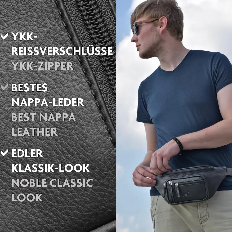 Sac Banane en Cuir Véritable pour Homme et Femme, Noir et Marron