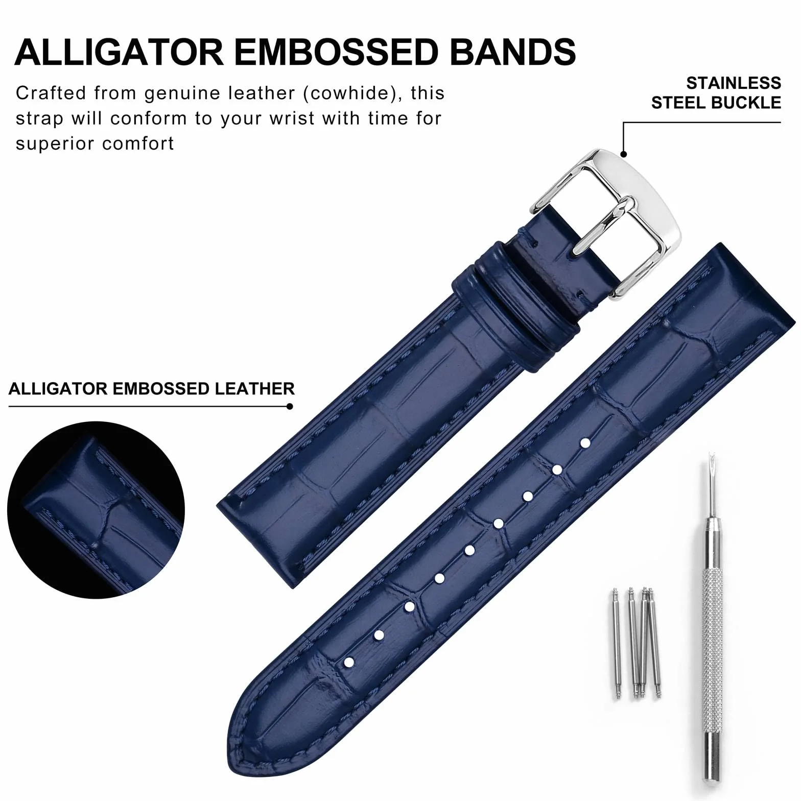 BISONSTRAP Bracelets de Montre Cuir Gaufré Crocodile Largeur Bande 18mm