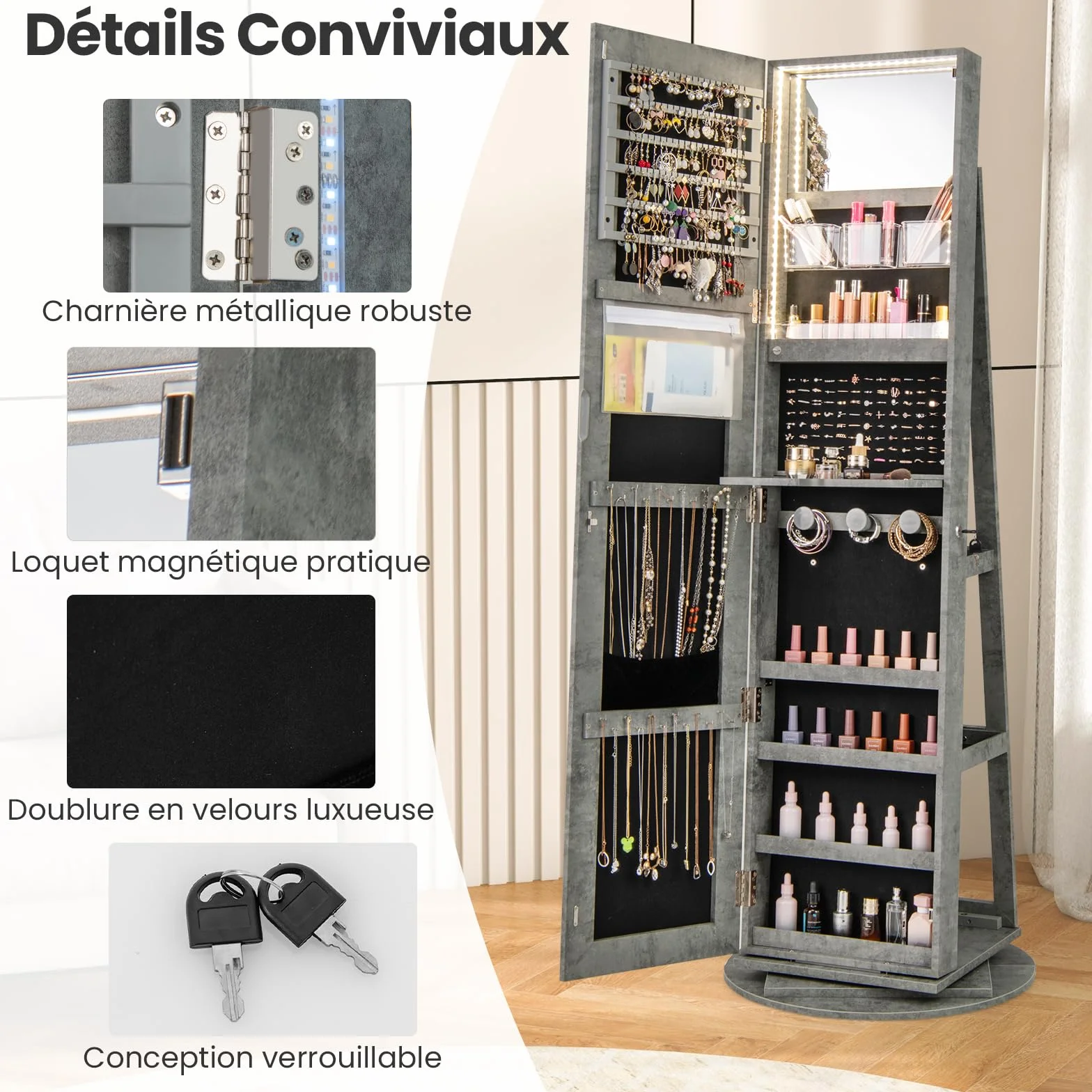 RELAX4LIFE Armoire à Bijoux Pivotante 360º avec Miroir Pleine Longueur, Éclairage LED, Gris