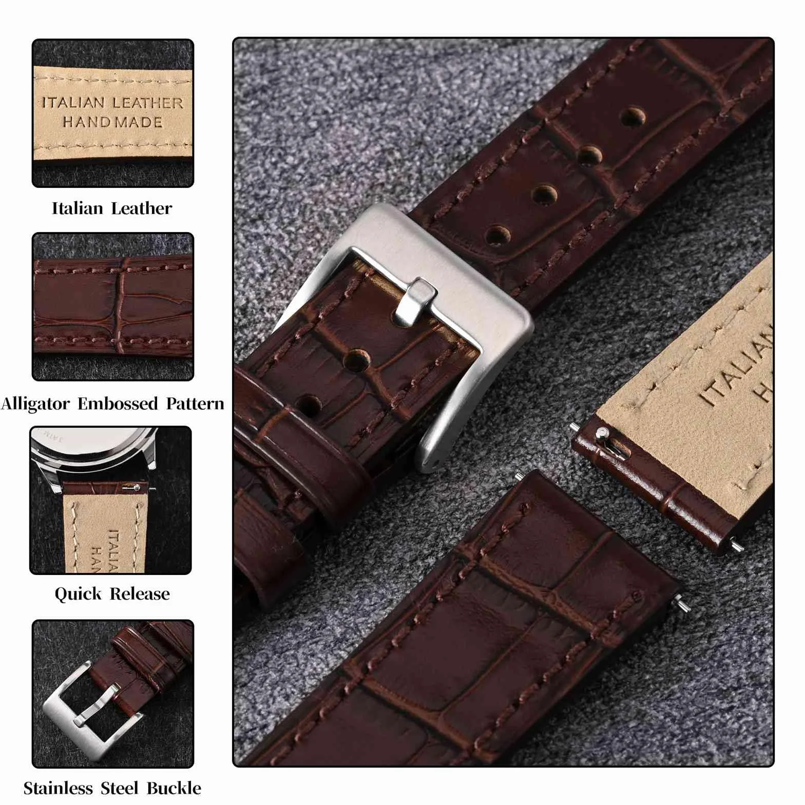 Anbeer Bracelet de montre en cuir italien gaufré grain alligator, dégagement rapide, 18mm 20mm 22mm 24mm