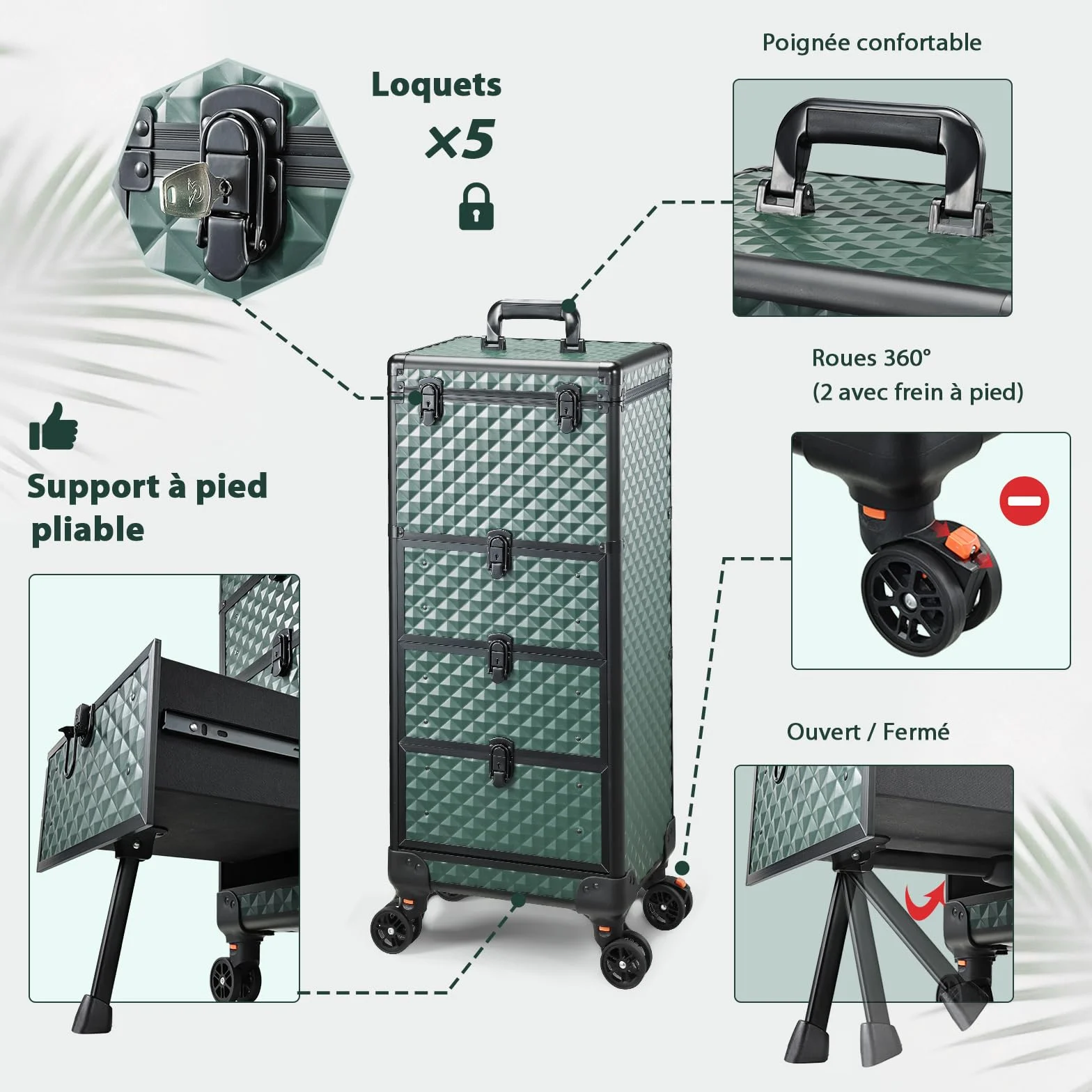 Valise de Maquillage à Roulettes Professionnelle 3 Tiroirs Verrouillage Vert
