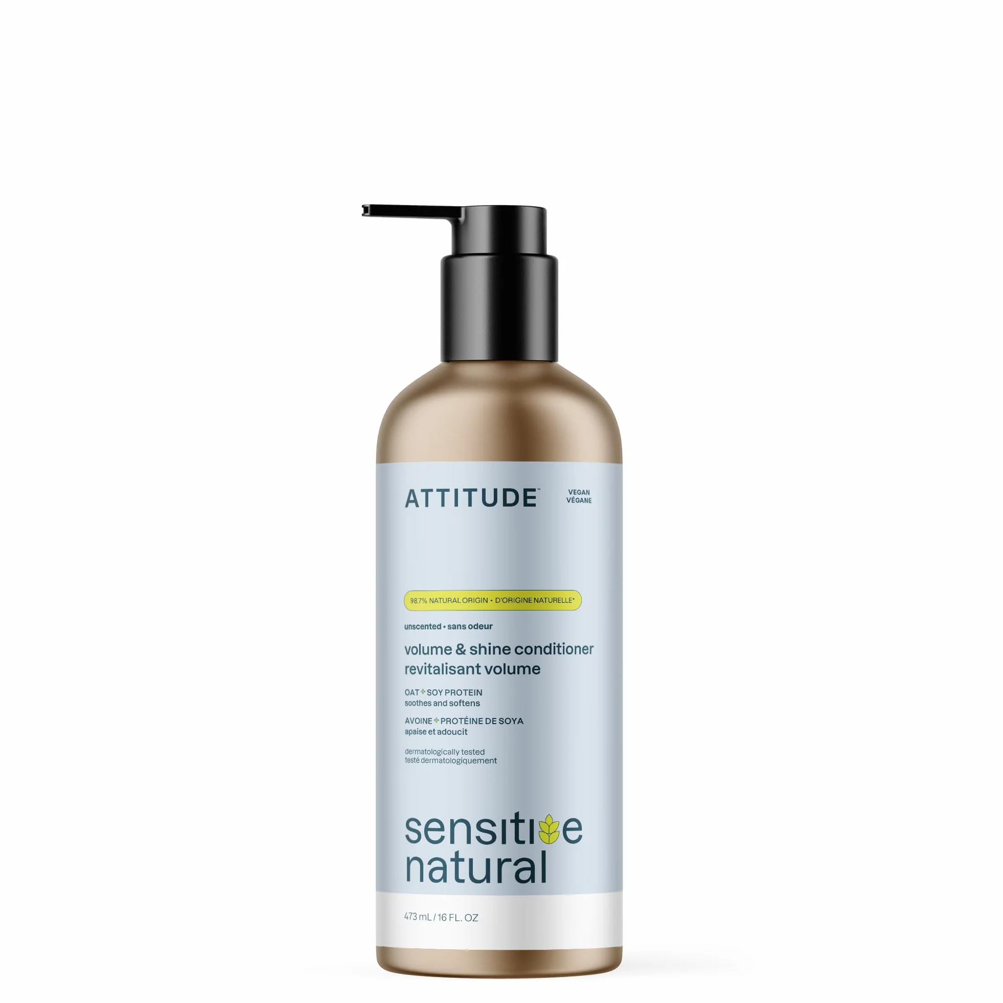 ATTITUDE Après-Shampoing Volumisant Doux, peau sensible, enrichi à l’avoine, testé dermatologiquement, végan, sans parfum, bouteille aluminium, 473 mL