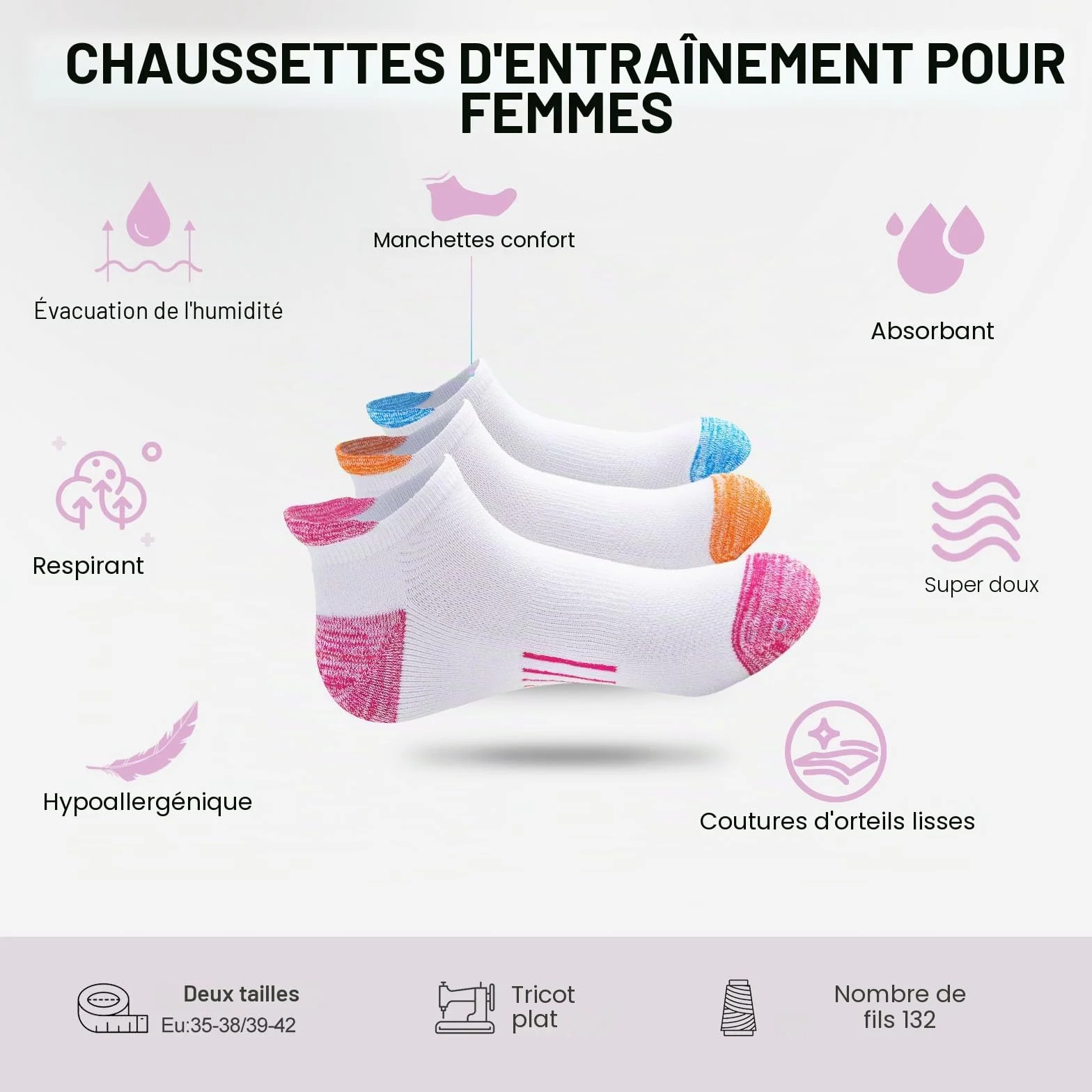 Chaussettes Femme Sport Coton Respirantes Courtes Anti-ampoules Course Rembourrées 6 Paires