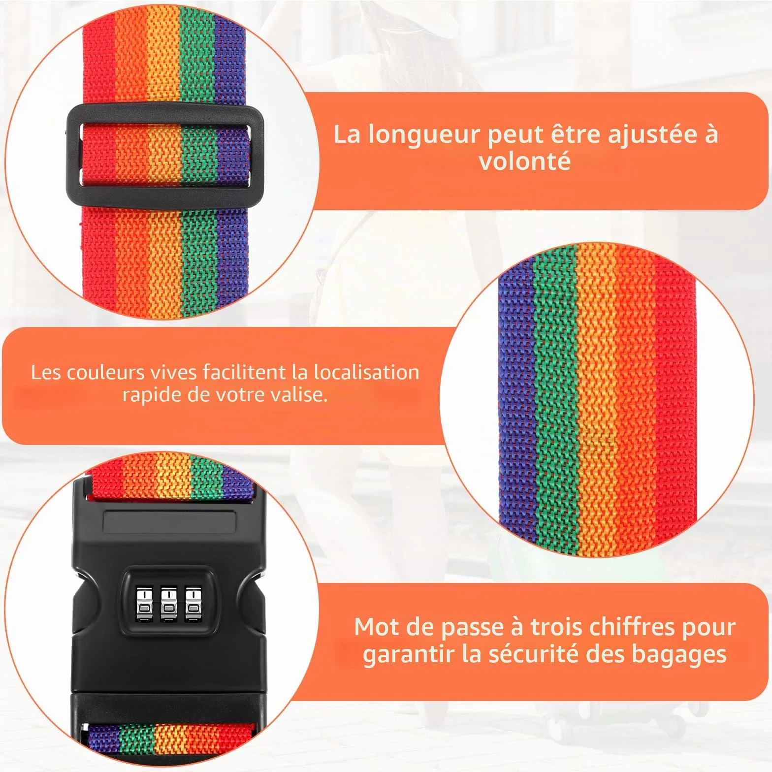 Lot de 2 Sangles pour Bagage Réglable avec Code Valise Voyage Arc-en-Ciel