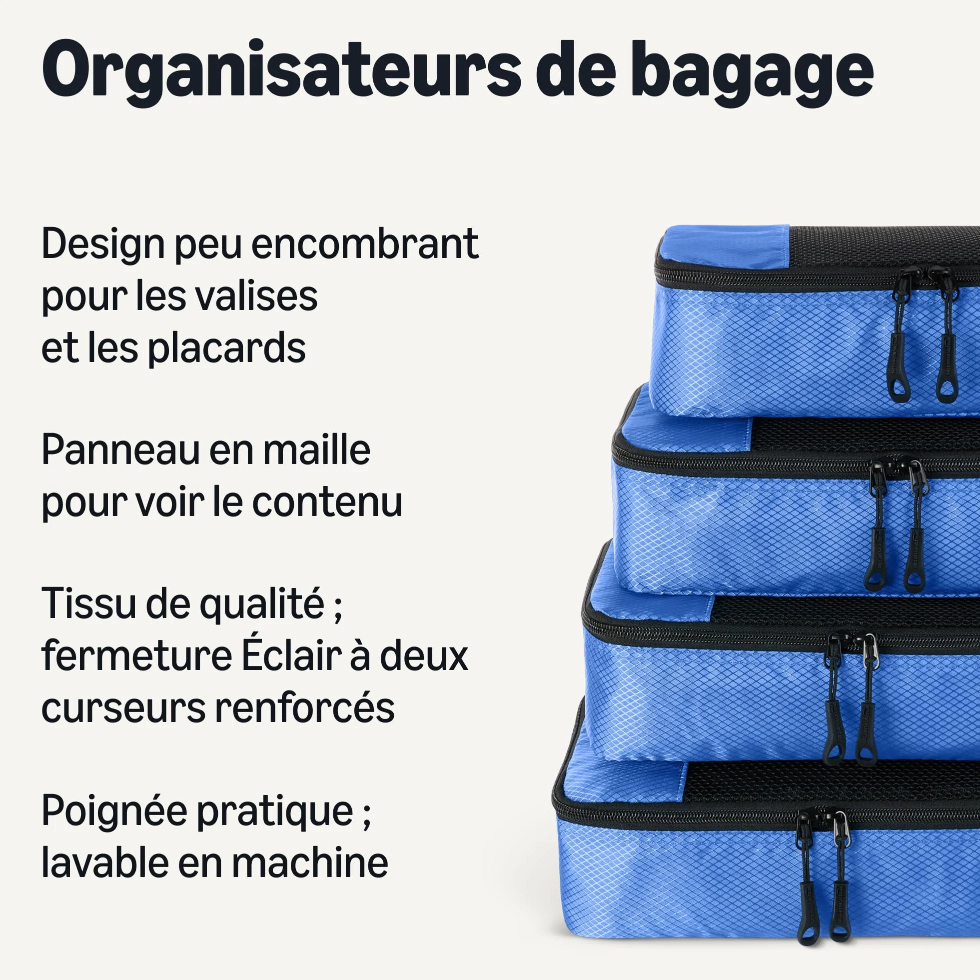 Amazon Essentials Ensemble de 4 Cubes de Rangement, Organisateurs de Voyage avec Double Fermeture Éclair, Taille M, Bleu