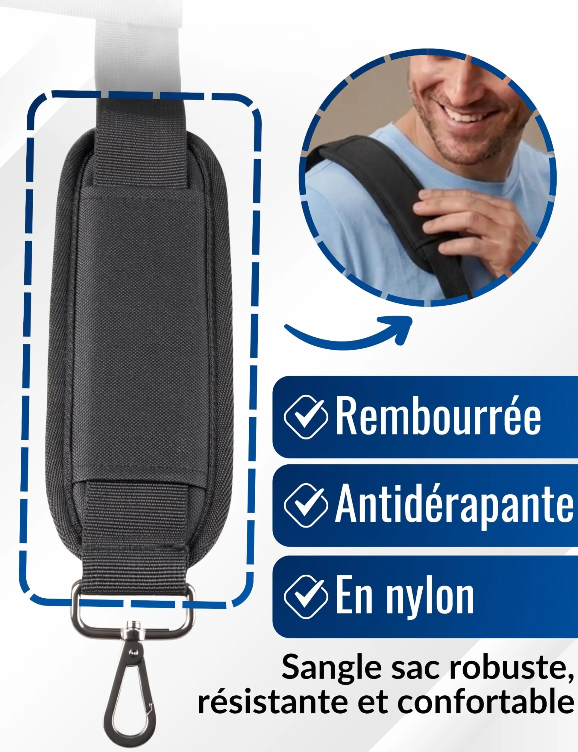 Sangle pour Sac à Main Universelle Réglable Antidérapante avec Crochets Métalliques - Bandoulière Argentée