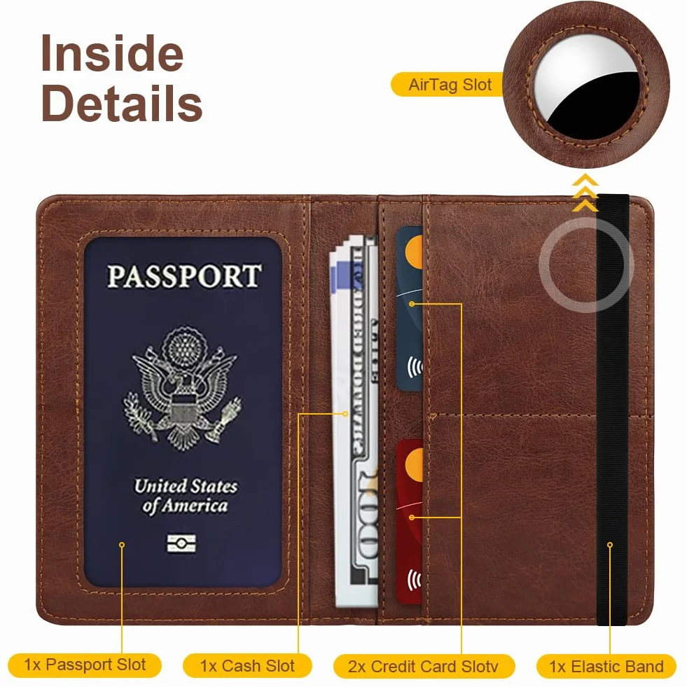 Porte-Passeport Anti-RFID en Cuir PU Marron pour Documents de Voyage et Airtag