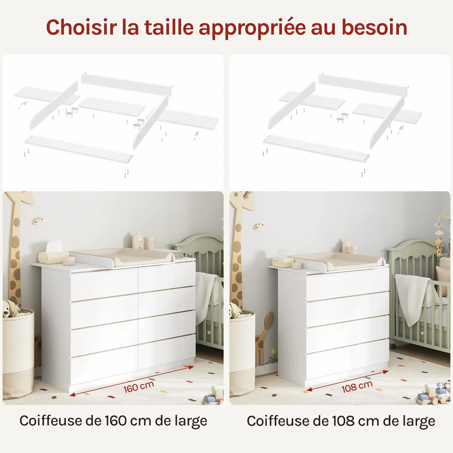 WOLTU Plan à Langer pour Commode, Plateau à Langer Universel, MDF, Blanc, 160 x 80 x 10 cm