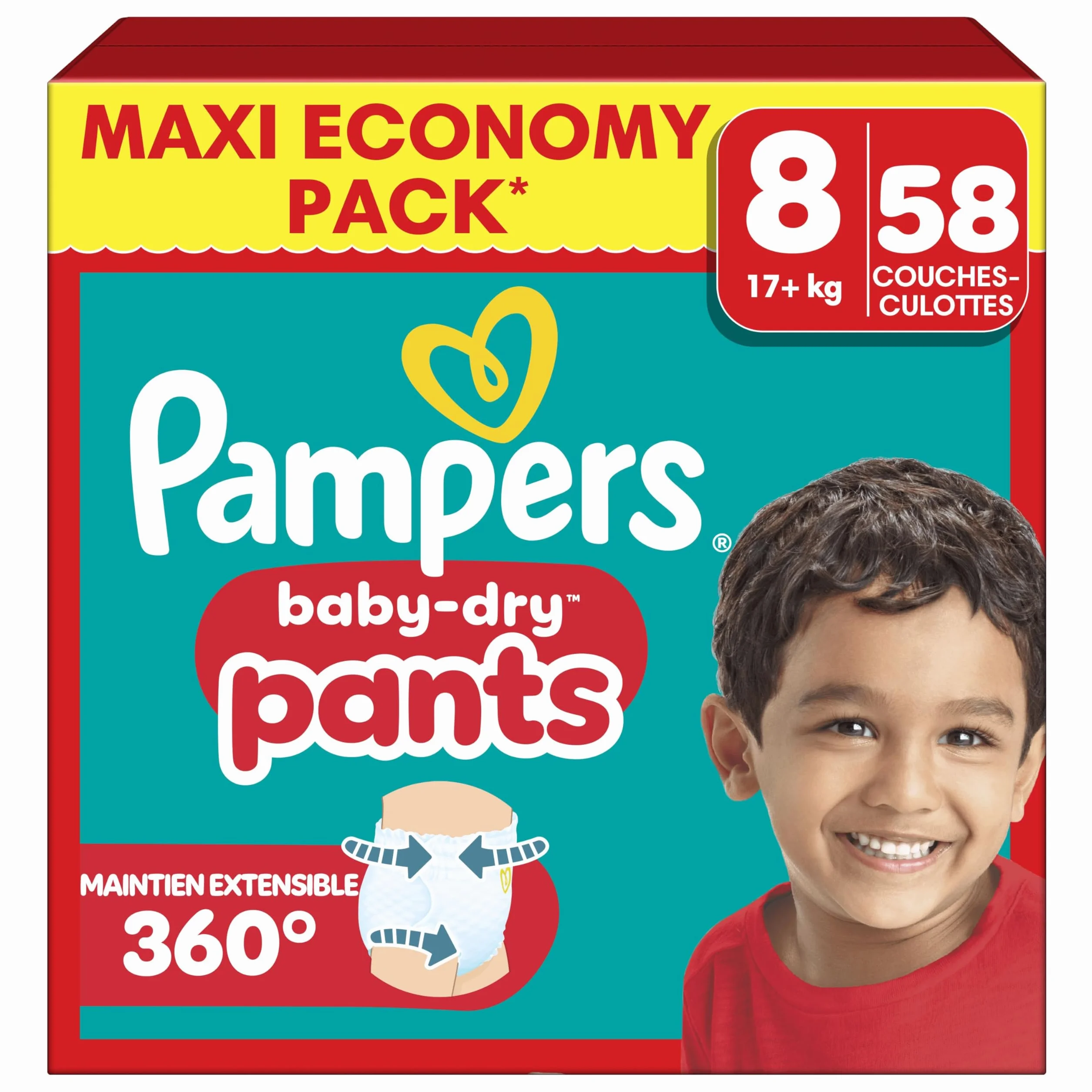 Pampers Baby Dry Pants Taille 8, 58 Couches-Culottes, 17kg+, Maintien 360°