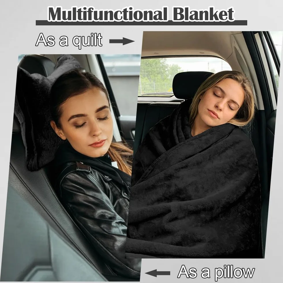 Couverture de voyage douce et chaude 2 en 1 152 x 127 cm Noir pour avion voiture