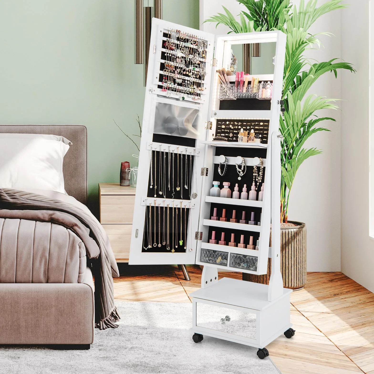 COSTWAY Armoire à Bijoux sur Roulettes Verrouillable avec Miroir Psyché et Lumières LED 3 Couleurs (Blanc)