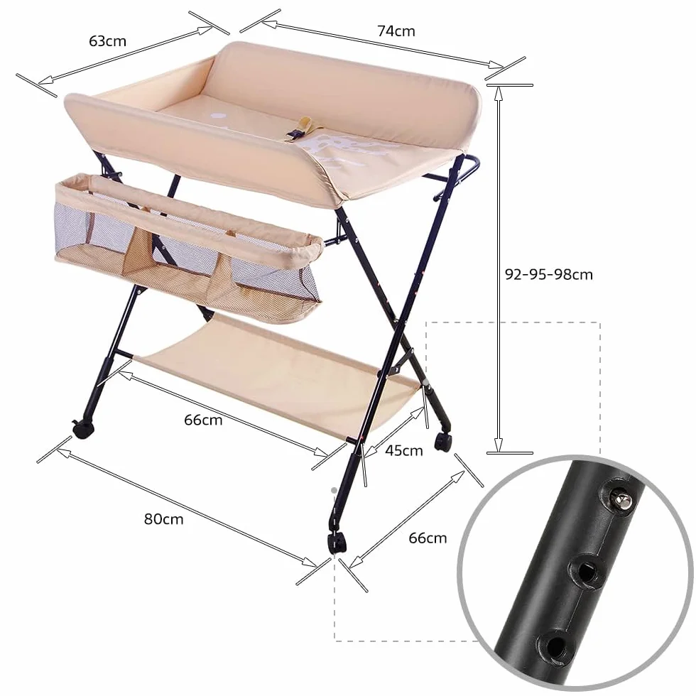 Table à Langer Pliable et Portable, Charge Max 25 kg, Réglable en Hauteur (Amande)