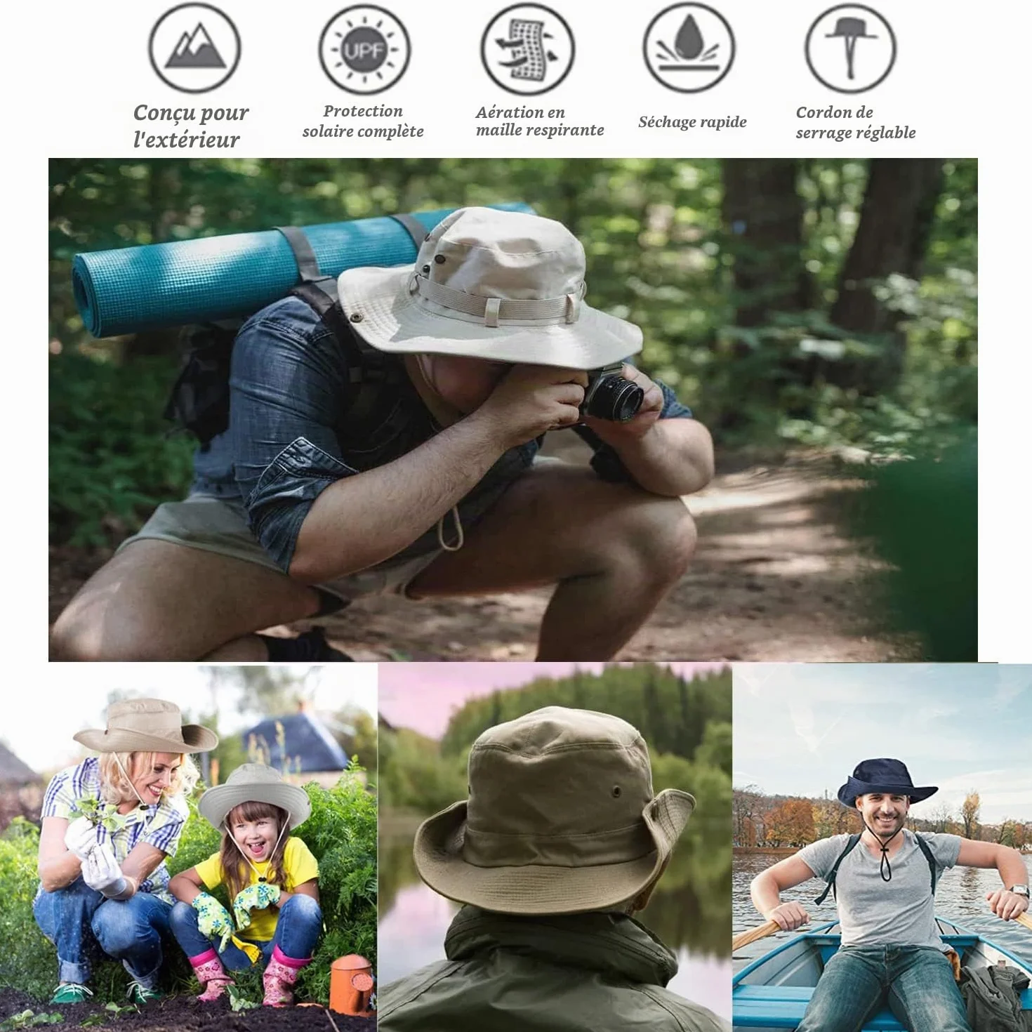 Favuit Chapeau de Protection Solaire à Large Bord Pliable Respirant pour Pêche Chasse Camping