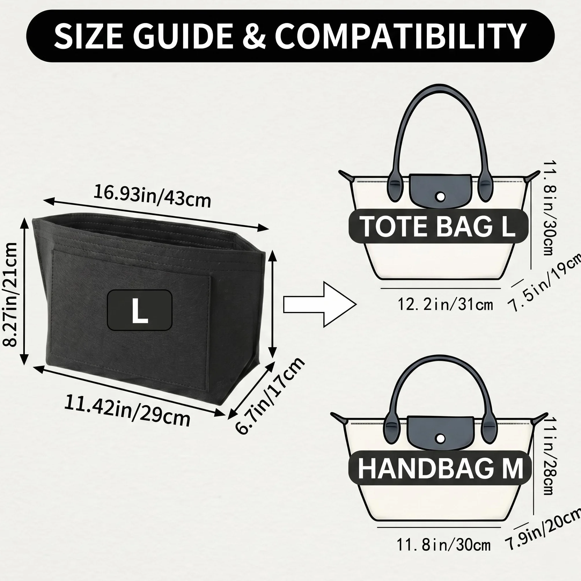 Organiseur de sac compatible Longchamp Le Pliage Noir L