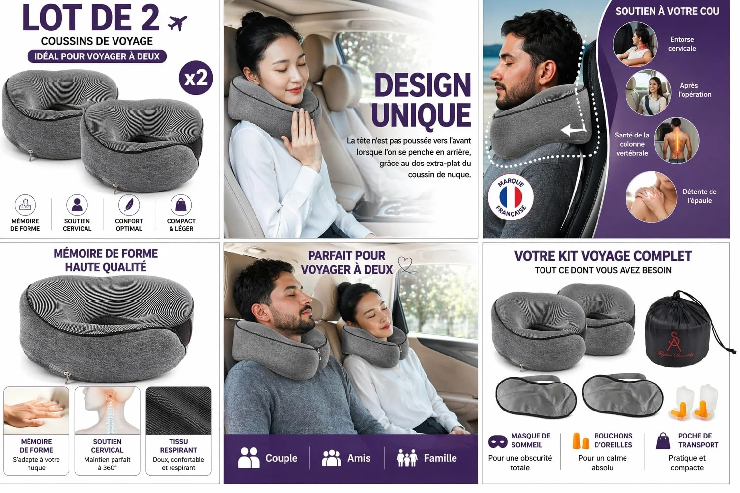 Kit Voyage 2 Personnes Gris 2 Coussins Mémoire de Forme 2 Masques Sommeil 2 Bouchons Anti-Bruit Oreiller Cervical Confort Avion Train